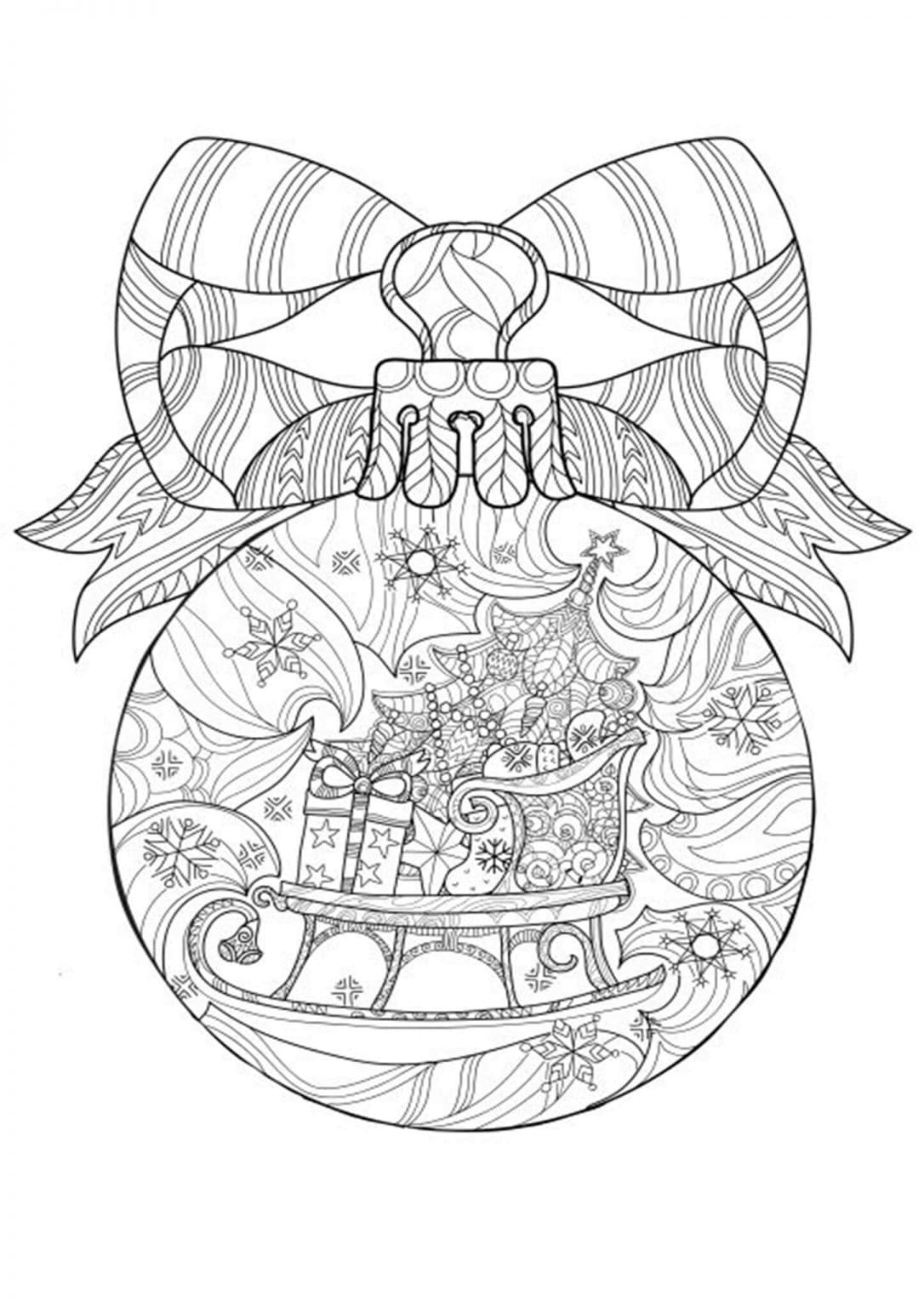 Online coloring book: Christmas tree ball with a bow antistress coloring book